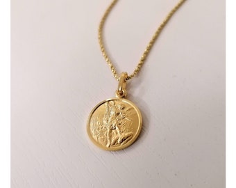 Saint Michael 15 mm necklace, St Michael gold plated medal, Archangel Michael gold plated necklace, Archangel Michael round pendant