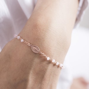 Silver rosary bracelet with crystal beads, Elegant catholic beaded bracelet, White crystal  bracelet, Miraculous medal charming bracelet