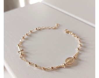 Rosenkranz Armband vergoldet mit Diamant Perlen, Katholische einfache elegante Wundertätige Medaille Armband, Rosenkranz Armband Eine Dekade