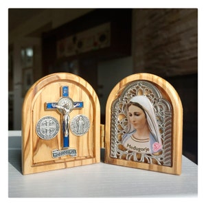 Virgin Mary 3 &quot; height hand made olive wood souvenir with St Benedict cross