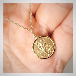 Saint Michael 17 mm necklace, St Michael gold plated medal, Archangel Michael gold plated necklace, Archangel Michael round pendant