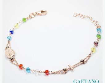 Rosenkranz Armband für Frauen mit mit Kristallperlen in verschiedenen Farben, Rosenkranz Armband mit Wundertätiger Medaille und Kreuz