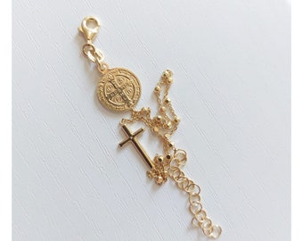 Bracelet Saint Benoît plaqué or 18 carats avec perles d’une décennie et croix, bracelet croix, bracelet chapelet plaqué or pour femmes