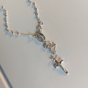 Rosary bead necklace, Silver beads rosary necklace, Dainty necklace, Rosary necklace with silver beads and Miraculous medal