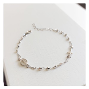 Silver women's bracelet, Catholic diamond beads bracelet, Elegant one decade bracelet, Silver rosary bracelet, Elegant religious bracelet