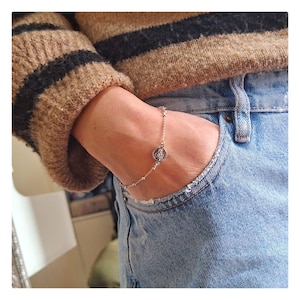 Pulsera de plata con Medalla Escapulario, Medalla de doble cara de Nuestra Señora del Carmen y Sagrado Corazón de Jesús, Pulsera Rosario