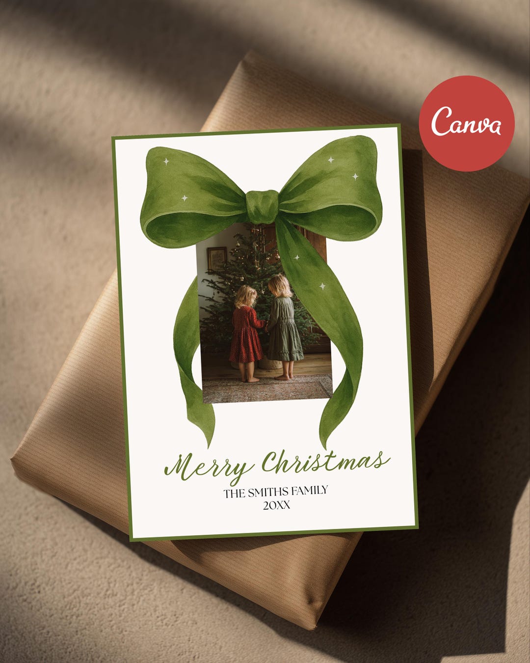 Christmas Photo Card Template, Watercolor Green Ribbon Design, Editable ...
