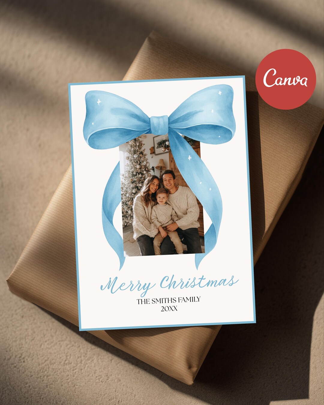 Christmas Photo Card Template, Watercolor Blue Ribbon Design, Editable ...