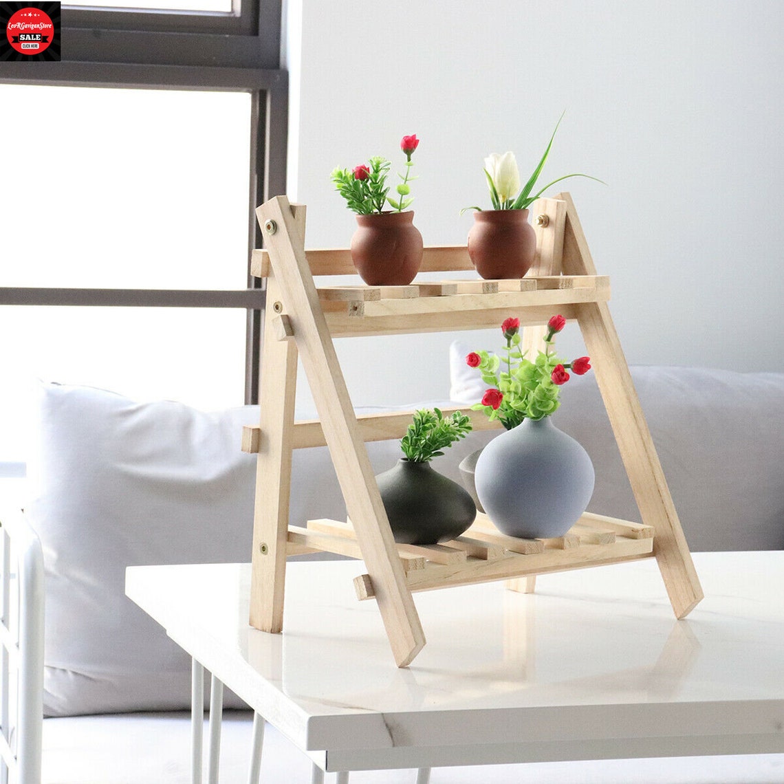 2Tier Desk Plant Stand Wooden Folding Flower Pot Display Etsy