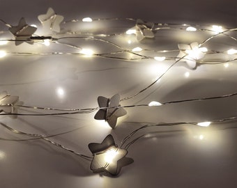 White Star Shape Fairy Lights, Silver Christmas 50 LED String Lights, Warm White Light, Christmas Home Decor