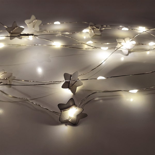 White Star Shape Fairy Lights, Silver Christmas 50 LED String Lights, Warm White Light, Christmas Home Decor