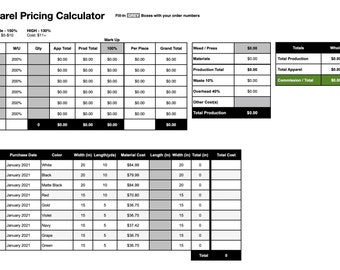 Heat Transfer Vinyl Apparel Pricing Calculator Spreadsheet