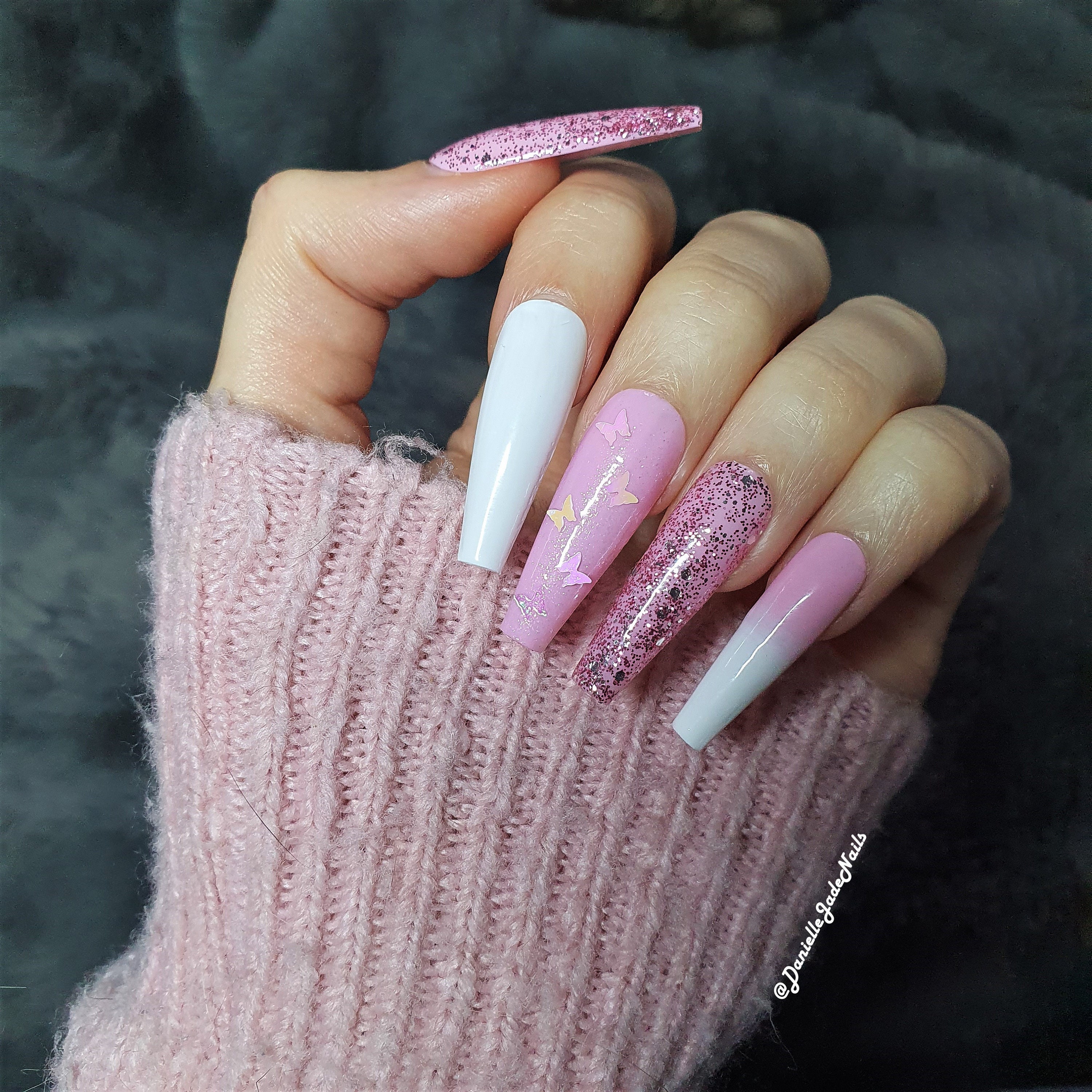 Pixie Dust Butterfly Press On Nails Pink And White Etsy