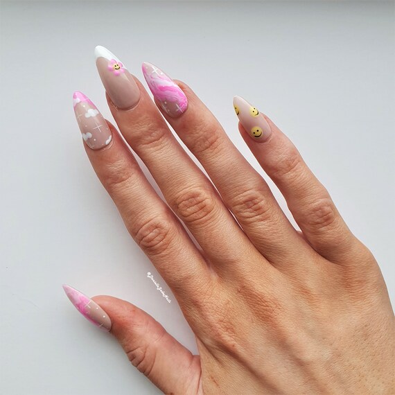 Day Dreamer Press On Nails Hippie Vibes Pink White Etsy Australia