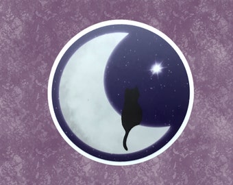 Black Cat on Crescent Moon Purple Night Sky, Vinyl Sticker, Weatherproof | Dishwasher safe