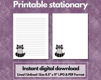 Raccoon Printable Stationary | Letter | Digital Download | Instant Download | Writing Paper | 8.5" x 11"