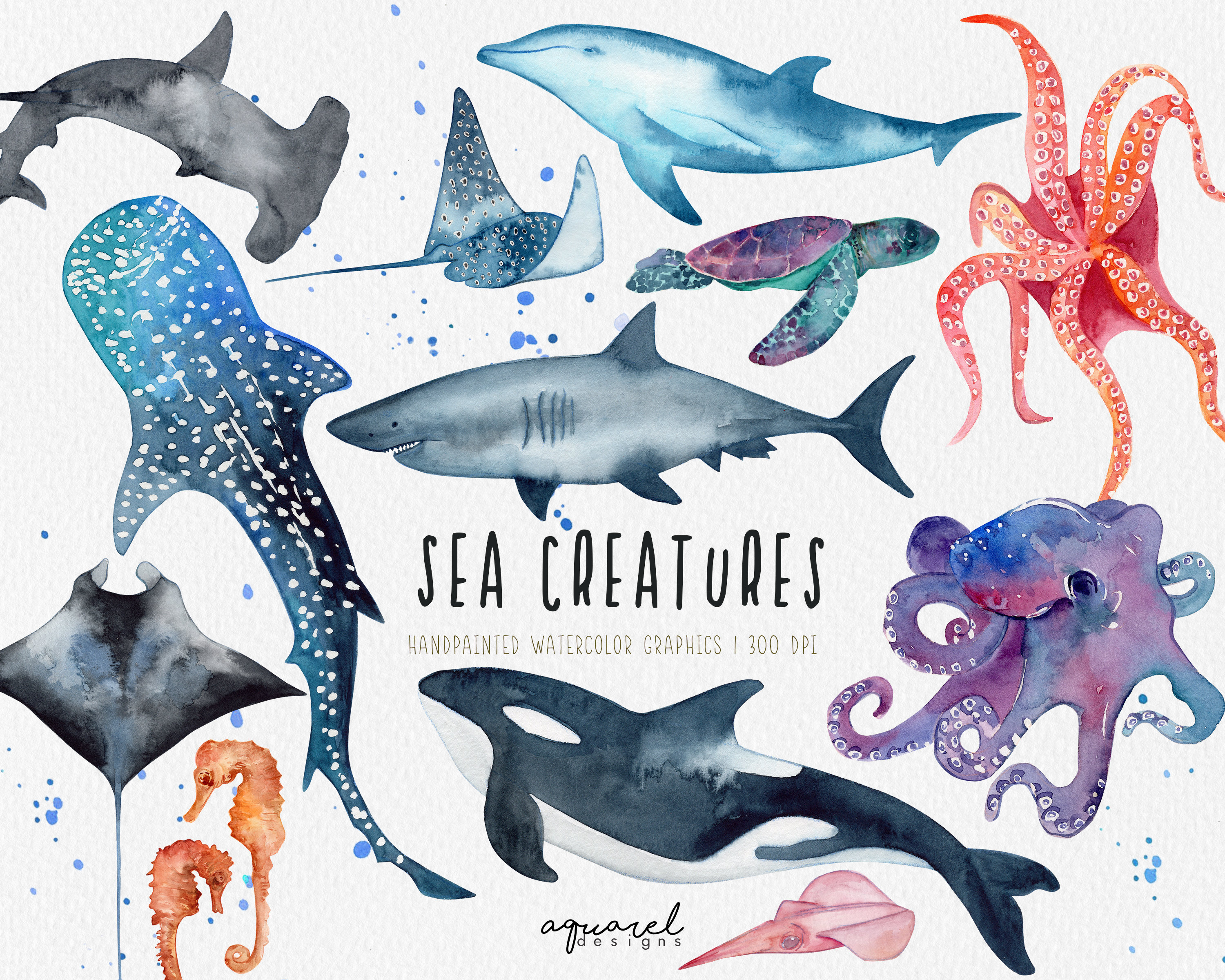 Watercolor SEA CREATURES Clipart Whale Shark Killer Whale - Etsy Watercolor SEA CREATURES Clipart Whale Shark Killer Whale - Etsy