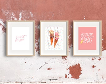 Ice Cream Print Set, Watercolor Wall Art, Nursery Decor, Kitchen Art print, Ice Cream cone, Printable Art, Wall Decor, Digital Printable Art