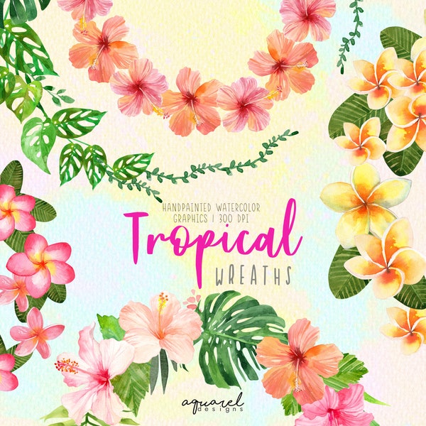 Aquarelle Couronnes de fleurs tropicales Clipart, Hawaii Clipart, Hibiscus, Frangipanier, Feuilles de palmier, Monstera PNG