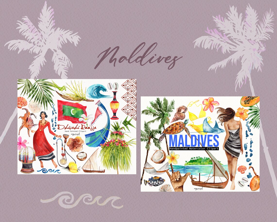 DHIVEHI RAAJJE Maldives Travel Clipart Watercolor Tropical - Etsy