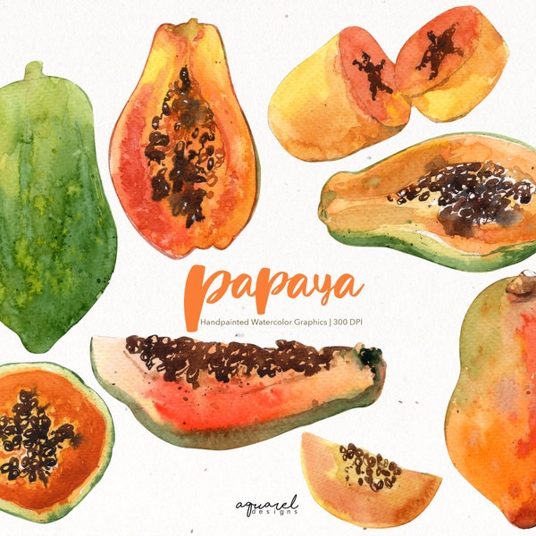 PAPAYA | Watercolor Clipart, Tropical Fruits, Summer, Beach, Printable, Digital art, Scrapbooking, Exotic fruits, sticker, illustration