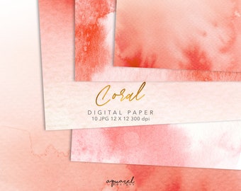 Coral Digital Paper, Watercolor paper, Digital Scrapbooking, Paper Variety Pack, Coral Pink, pastel digital paper, printable paper, 300 dpi