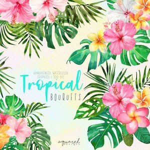 Watercolor Tropical Flower Bouquets Clipart, Hawaii Clipart, Hibiscus, Frangipani, Palm Leaves, Monstera PNG