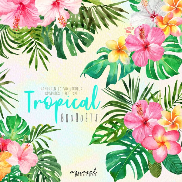 Aquarelle fleurs tropicales bouquets des cliparts, des cliparts Hawaï, Hibiscus, frangipanier, feuilles de palmier, Monstera PNG