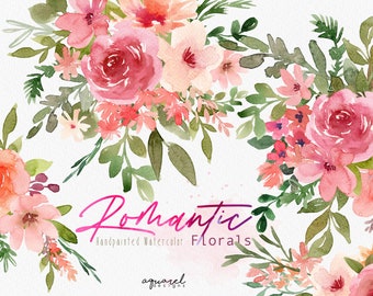 Watercolor Floral Clipart, Blush Pink Flowers Arrangements, Roses, Peonies, Wedding Floral Clip Art, Watercolour Bouquets
