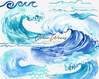 Watercolor ocean waves clipart, summer, beach invitation, Sea Waves, scrapbooking, Nautical Clip Art, personal and commercial use, PNG