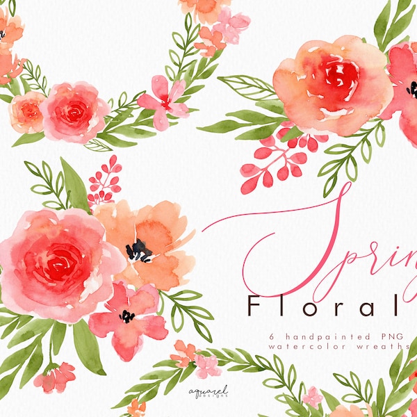 Watercolor Orange and Coral Pink Spring Floral Clipart Arrangements - Hand Painted Bouquet Frames Borders - Wedding Invitation DIY