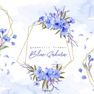 BLUE SAKURA | Aquarell Clipart, Kirschblüte, floral, geometrische Goldrahmen, Hochzeitseinladung DIY