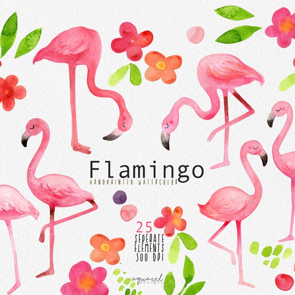 Watercolor Flamingo Clipart | Watercolor summer floral clipart - Flamingo Nursery Art - Digital Instant Download PNG Files