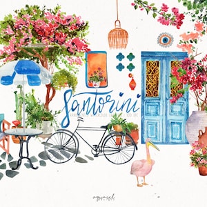 SANTORINI / Grecia Clipart ad acquerello. Chiesa di Santorini, mulino, fiori di bouganville. Grecia, crea la tua scena di Santorini, PNG