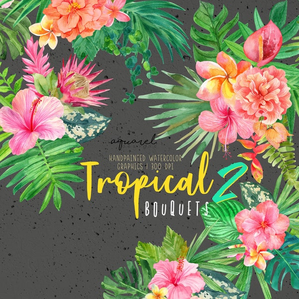 Clipart de Bouquets de fleurs tropicales aquarelle, Hawaii Clipart, Hibiscus, frangipanier, feuilles de palmier, Monstera PNG