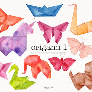 ORIGAMI | Aquarell Clipart, Einhorn, Schmetterling, Hund, Schwan, Elefant, Boot, Kinderzimmer Wandkunst, Sticker, scrapbook, png, Papier faltbar, png