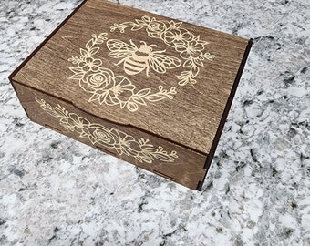 Floral Bee Keepsake Box: Engraved Baltic Birch Wood Jewelry Box