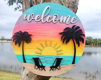 Handpainted Beach Welcome Sign: Sunset Lake House Decor