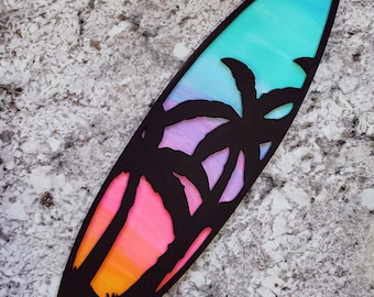 Wooden Surf Board Wall Hanging: Tropical Palm Tree Decor