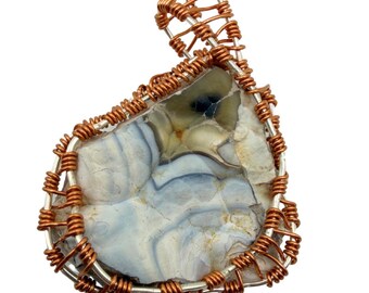 White Blue Agatized Coral Geode Necklace, Wire Wrap, Natural Cotton Cord, 14"-32"