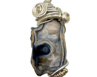 Beige Blue Coral Geode Necklace, Bronze Silver Wire Wrap, Cotton Cord