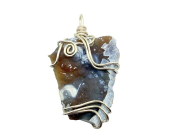 Orange Blue Agatized Coral Geode Necklace, Sterling Silver Wire Wrap, Cotton Cord, 14"-32"