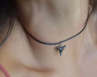Shark Tooth Choker, Handmade Necklace, Real Ethical Fossilized Ancient Sharks Teeth, Small Dainty Black Nature Jewelry, Sharky Necklaces Obx