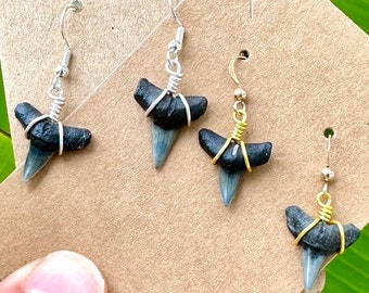 14kt Gold or Sterling Silver Shark Tooth Dangle Earring, Authentic Real Fossilized Jewelry, Fossil Sharks Teeth Earrings, Women, Girls, Surf