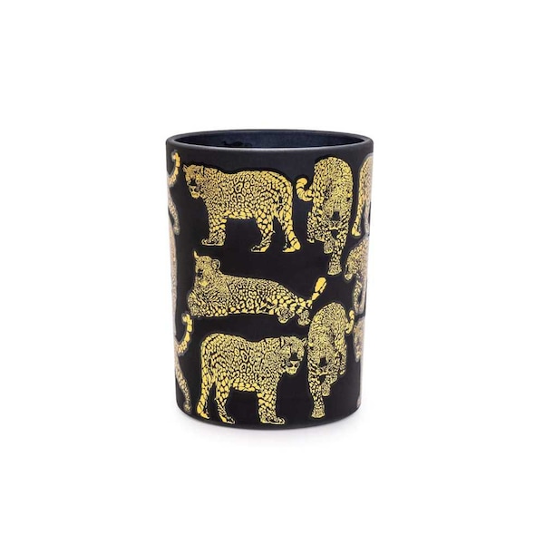 Matte Black and Gold Round Leopard Print Candle - Midnight Pomegranate Scent