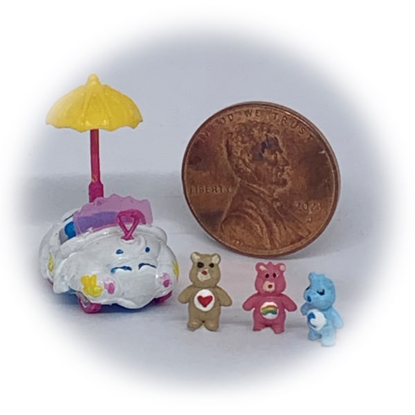 Adorable SUPER TINY - Three Care Bears with Cloud Mobile (1:12 scale for your dollhouse)