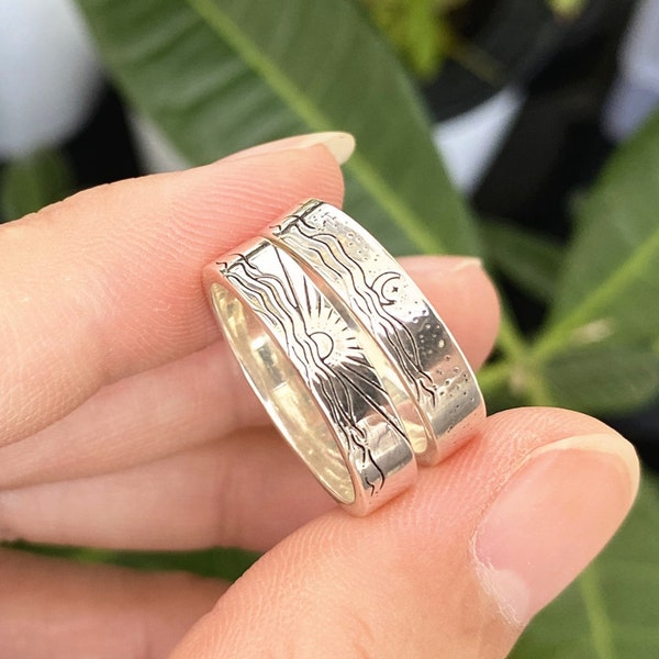 925 Sterling Silver Sun and Moon Ring - Handmade
