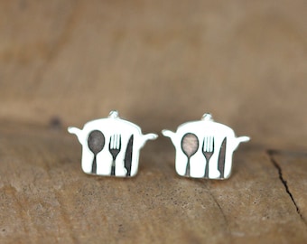 925 Silver Pan Stud Earrings: Cutlery Jewelry, Chef Gift