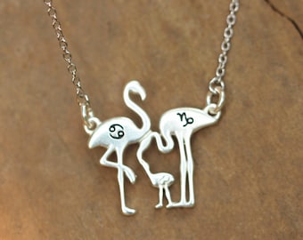 Sterling Silver Flamingo Family Necklace: Custom Zodiac Jewelry