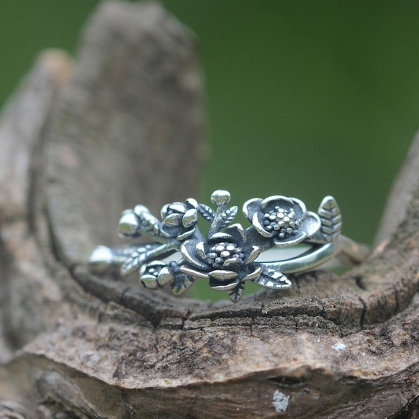 925 Silver Magnolia Flower Ring: 3D Wildflower Jewelry